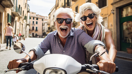 Fototapeta na wymiar Happy Retired Couple on Scooter Vacation in Italy, European Holiday Joy