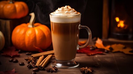 Cup of coffee and pumpkin, Autumn, Halloween concept, Generative AI