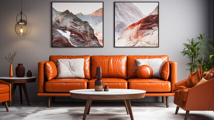 Interior decoration living room style of minimalist geometric, light white and dark orange. Generative AI.