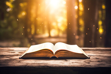 Photo old book open on dark wood background, In the background with the sunrise in the forest. Generative AI.