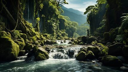 Naklejka na ściany i meble Tropical waterfall with rocks and green moss.
