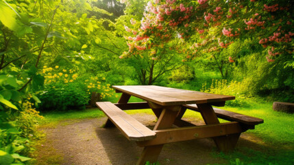 A Sturdy Wooden Table in a Lush Setting