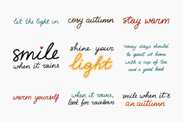 Set of cosy hand drawn autumn lettering. Warm fall handwritten phrases collection on the notebook sheets. Vector bundle of cozy seasonal inscription in the flat style isolated on background