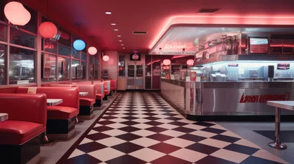 Fotobehang A retro diner with checkered floors, vinyl booths, and neon signs © AIproduction