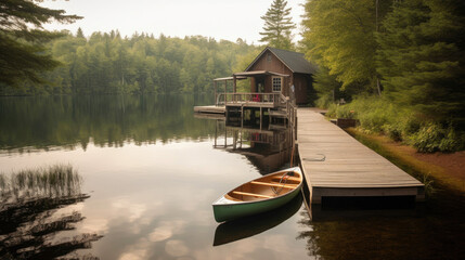 Reflections of Solitude: Lakeside Cabin and Canoes - Powered by Adobe