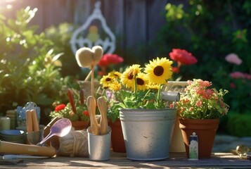 set of gardener tools and flower pots in a sunny garden with sunshine. generative ai