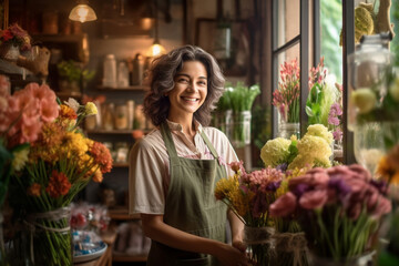 Young woman in a flower shop. Happy store owner. AI Generated