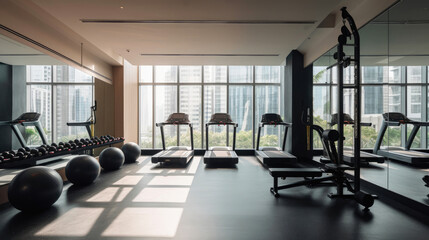 Contemporary Gym with High-Tech Fitness Gear and Panoramic Windows - obrazy, fototapety, plakaty