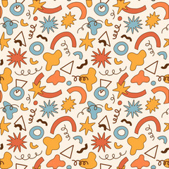 Funky retro aesthetic seamless pattern with abstract geometric shapes, star, squiggle. Creative Y2k groovy geometric shape background for trendy fabric design. Playful doodle wallpaper print.
