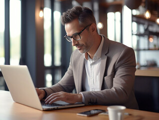 Mature Indian or Latin business man trader using computer, typing, working in modern office, doing online internet research on laptop. Horizontal photo with copy space banner for website header design