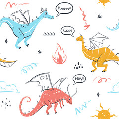 Obraz premium childish dragons' seamless pattern for fashion clothes, fabric, t shirts. hand drawn vector with lettering.