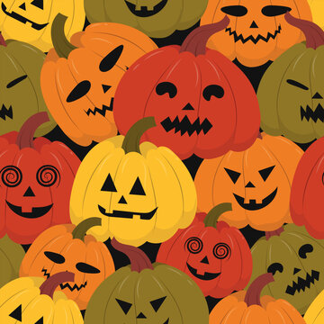 Seamless pattern of different Halloween pumpkins. Sppoky jack-o-lantern in yellow, geen and red colors. Vector illustration