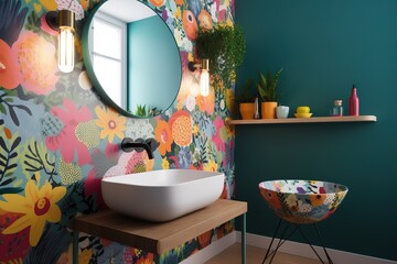 A colorful bathroom with balloons and a toilet. Generative AI