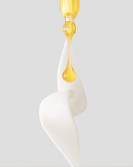 Cosmetic products mix, pipette with oil drop and white cream splash 3d rendering