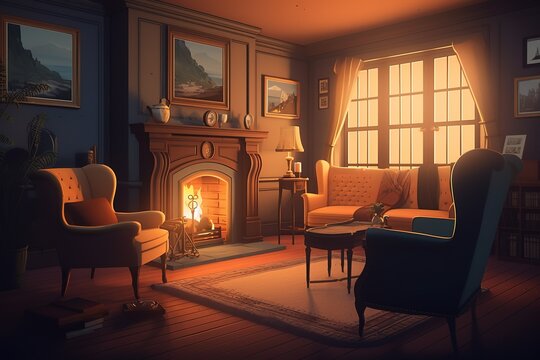 A classic sitting room with a cozy fireplace. Generative AI