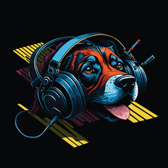 The dog in headphones listens to music. Portrait