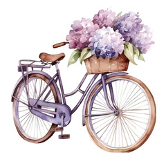Fototapeta na wymiar Illustration of a cute bike with purple peonies. Generative AI, png image