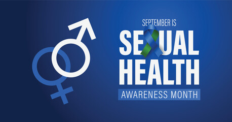 September is Sexual Health Awareness Month banner. Vector poster with gender symbols, green and blue ribbon.