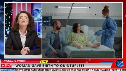 Journalist reporting news about miracle childbirth, presenting newscast about maternity and child delivery. Broadcaster talking about the pain of pregnancy on live tv program.