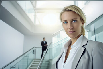 Confident businesswoman standing at the bottom of a modern office staircase, representing ambition and success in corporate life.