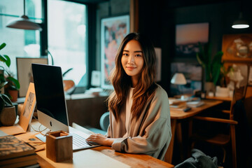 Fototapeta na wymiar Photo of Cheerful asian female freelancer in workspace