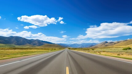 Illustration image of landscape with country road, empty asphalt road on blue cloudy sky background. Multicolor vibrant outdoors horizontal image, Generative AI illustration