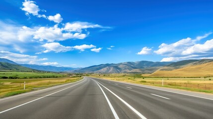Fototapeta premium Illustration image of landscape with country road, empty asphalt road on blue cloudy sky background. Multicolor vibrant outdoors horizontal image, Generative AI illustration