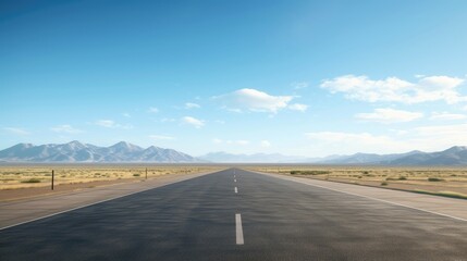 Naklejka premium Illustration image of landscape with country road, empty asphalt road on blue cloudy sky background. Multicolor vibrant outdoors horizontal image, Generative AI illustration