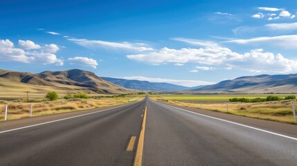 Fototapeta premium Illustration image of landscape with country road, empty asphalt road on blue cloudy sky background. Multicolor vibrant outdoors horizontal image, Generative AI illustration