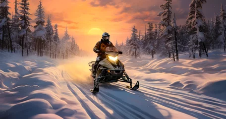 Fotobehang Winter Wonderland - Snowmobile Journey on a Snowy Path © Bartek