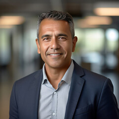 Headshot close up portrait of indian or latin confident mature good looking middle age leader, ceo male businessman on blur office background. Handsome hispanic senior business man smiling at camera.