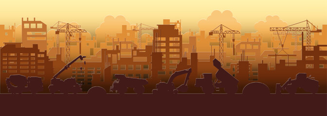 Silhouette building construction site with a tower crane and heavy equipment machinery.Vector illustration