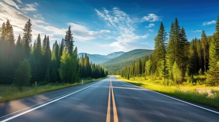 Illustration image of landscape with country road, empty asphalt road on blue cloudy sky background. Multicolor vibrant outdoors horizontal image, Generative AI illustration