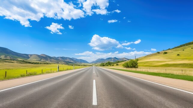 Illustration image of landscape with country road, empty asphalt road on blue cloudy sky background. Multicolor vibrant outdoors horizontal image, Generative AI illustration