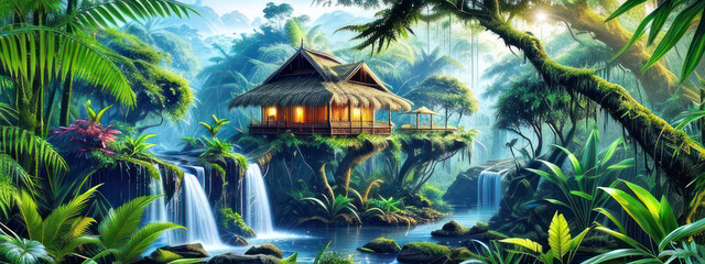 Beautiful Spring Summer Fantasy Tropical Forest Landscape Environment For Background. Digital Art. Fantasy Art. 3D Environment