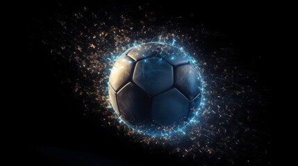 a handball as the centre of attention surrounded by sparks and fire in front of a black background, generative AI