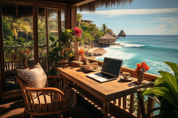 Remote work in a tropical sea beach. Dream work office background 