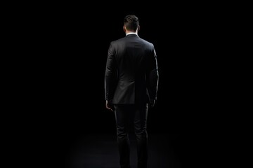 Fototapeta premium Confident Young Businessman. Successful Male Executive in Stylish Suit Posing Isolated on Black Studio Background