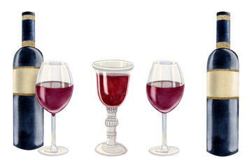Red wine bottle, glass and transparent goblet watercolor illustration set isolated on white background. Vintage accessories for kiddush and Shabbat