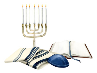 Shabbat prayer or Yom Kippur greeting card template for Jewish holiday with Torah book, menorah, kippah and tallit. Gmar hatimah tovah watercolor illustration isolated on white background