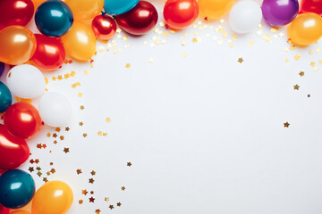 Festive Background Frame with Colorful Balloons and Gold Stars