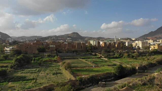 Aerial view of the old town with mud houses  Dhahran Al Janub  Saudi Arabia
