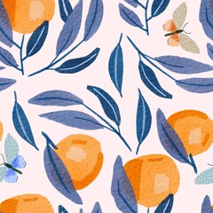 Hand drawn botanical pattern with Watercolor Orange fruit, Leaves and textured Butterflies. Illustration