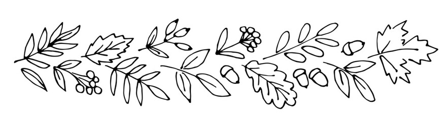 Garland of autumn leaves, branches, rowan berries, acorns. Floral border for seasonal decor. Vector black outline drawing. Sketch in ink.