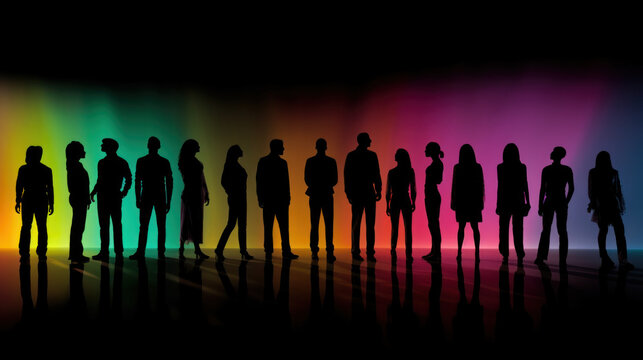 Silhouettes of a group of people on a rainbow background. LGBT Community Support Concept created with generative AI technology