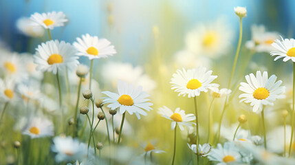 Fototapeta premium Wild Chamomile Flowers in Nature: Soft Focus and Bokeh, Floral Summer Spring Background