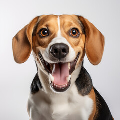 Friend. Portrait of funny active pet, cute dog Beagle posing isolated over white studio background. Concept of motion, action, pets love, animal life. Looks happy, delighted. Made with generative ai