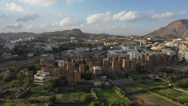 Aerial view of the old town with mud houses  Dhahran Al Janub  Saudi Arabia
