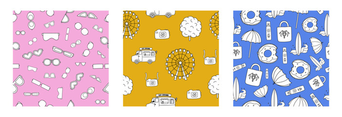 Fototapeta na wymiar Set of simple seamless pattern with summer doodles. Cute print with hand drawn vacation clipart. Cute wallpaper print for fabric design with symbols of summer holiday, tropical beach, hot weather.