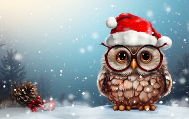 Cute and funny Owl with santa claus costume. Christmas animal background with copy space. Generative AI